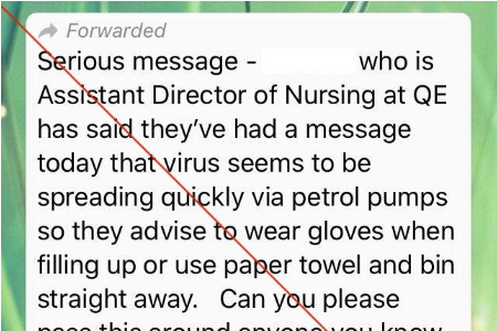 A text message claiming that coronavirus spreads quickly via petrol pumps