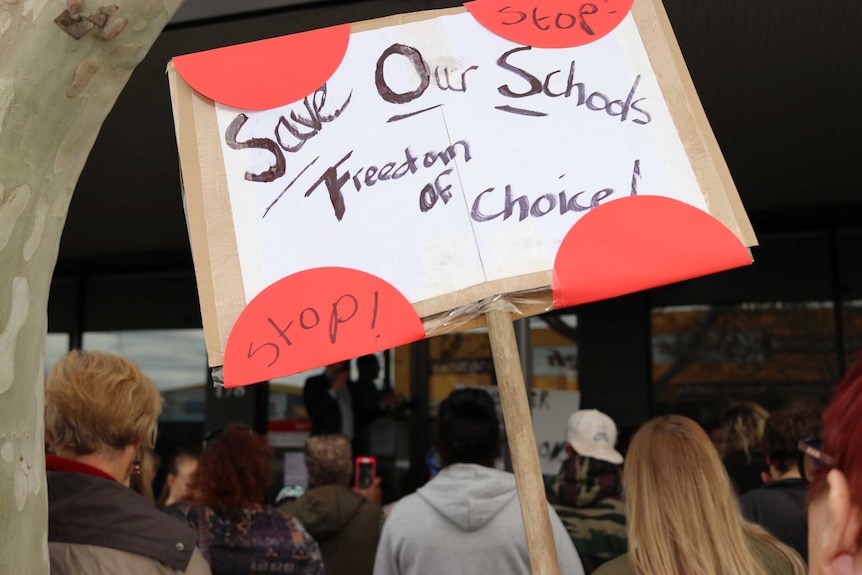 A protest sign for a rally against Shepparton's new amalgamated school.