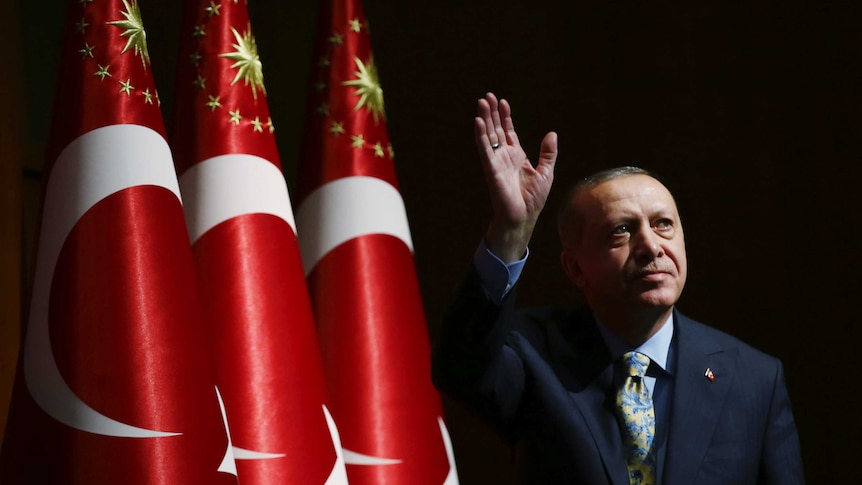 Turkey's President Recep Tayyip Erdogan holds his arm up as he stands in front of several larges Turkey flags