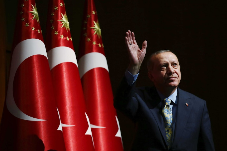 Turkey's President Recep Tayyip Erdogan holds his arm up as he stands in front of several larges Turkey flags