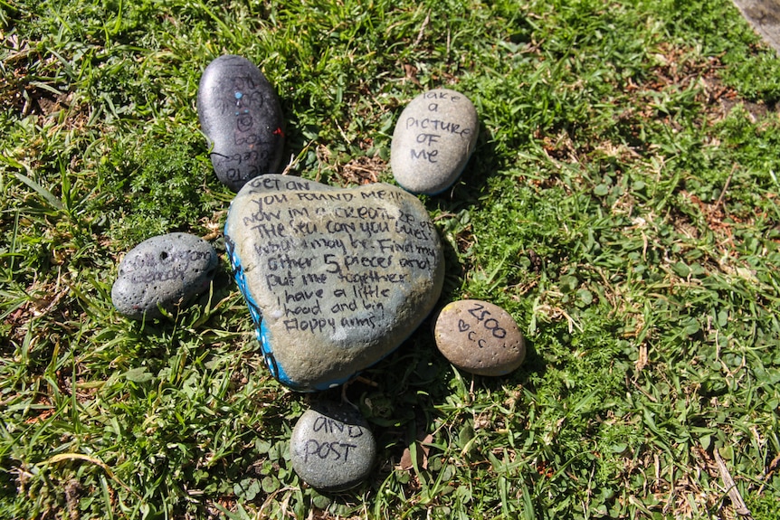 The underbelly of the rock turtle incorporates text outlining instructions for the person who finds it. 