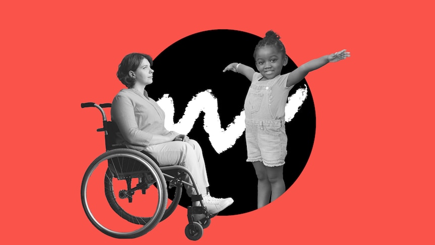 collage of woman in wheelchair and small girl with arms wide open over black circle and pink background