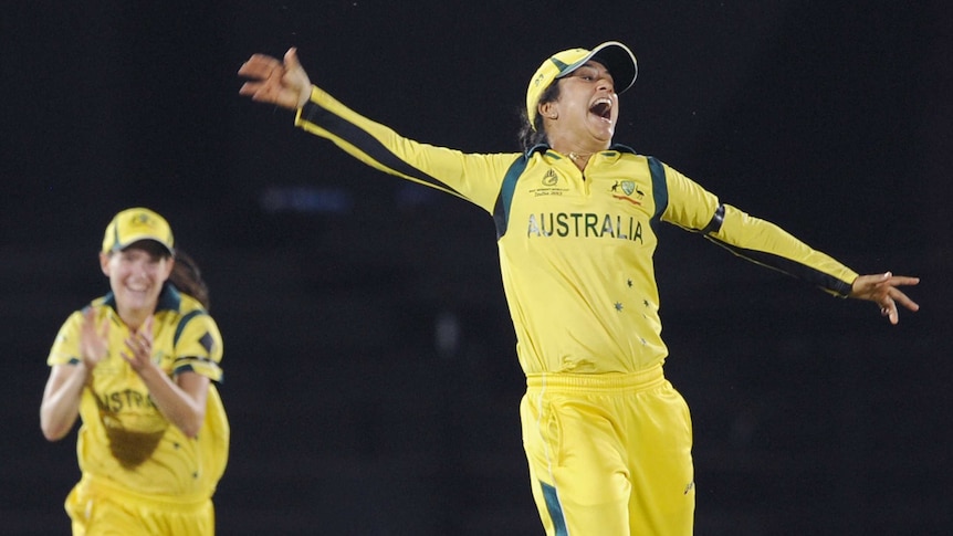 Australia's Lisa Sthalekar celebrates the fall of the last West Indies wicket