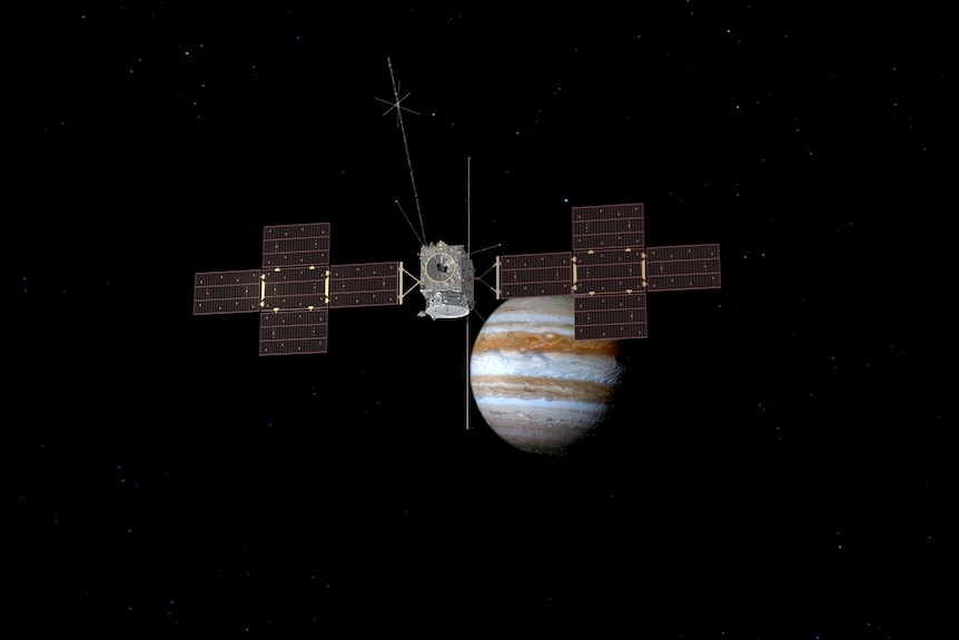 A digital image of a spacecraft with Jupiter in the background.