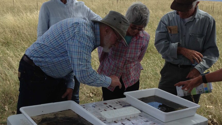South east NSW farmers examine samples of water and plant and insect life from the Snowy River.
