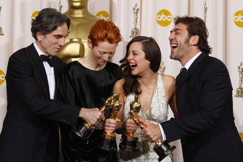 Actors Daniel Day-Lewis, Tilda Swinton, Marion Coillard and Javier Bardem pose with their Oscars