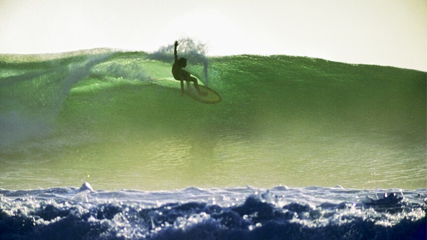  A male surfer in boardshorts rides along a green wall of water, backlit by the sun