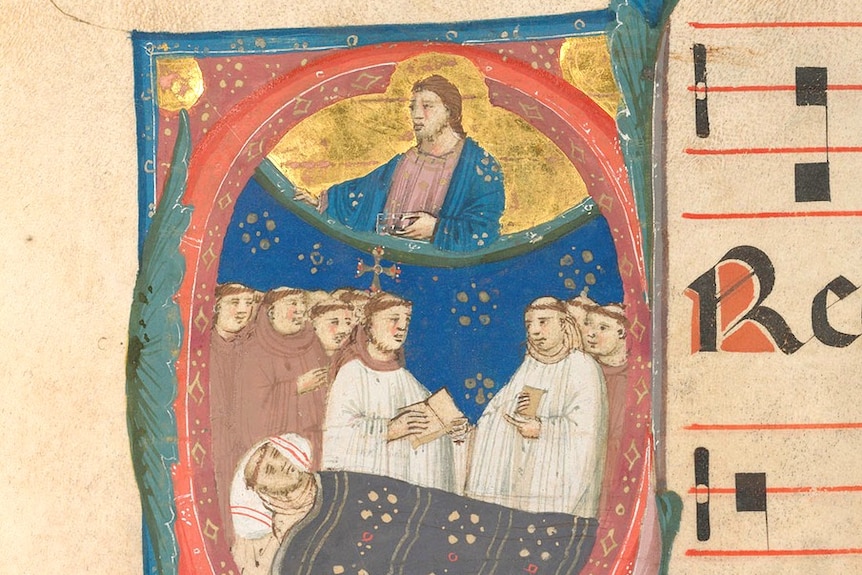 Folio 124r – Letter ‘C’ illustrating Christ with Franciscans attending a friar’s deathbed