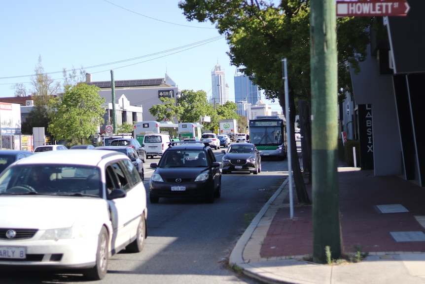 Bumper-to-bumper traffic in peak hour in Perth. 