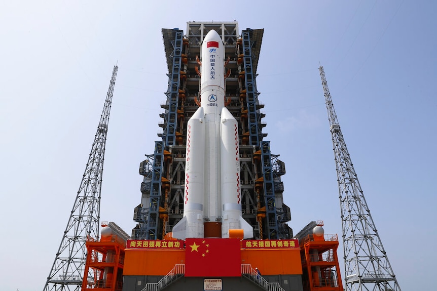  Tianhe, on the the Long March-5B Y2 rocket is moved to the launching area of the Wenchang Spacecraft Launch Site.