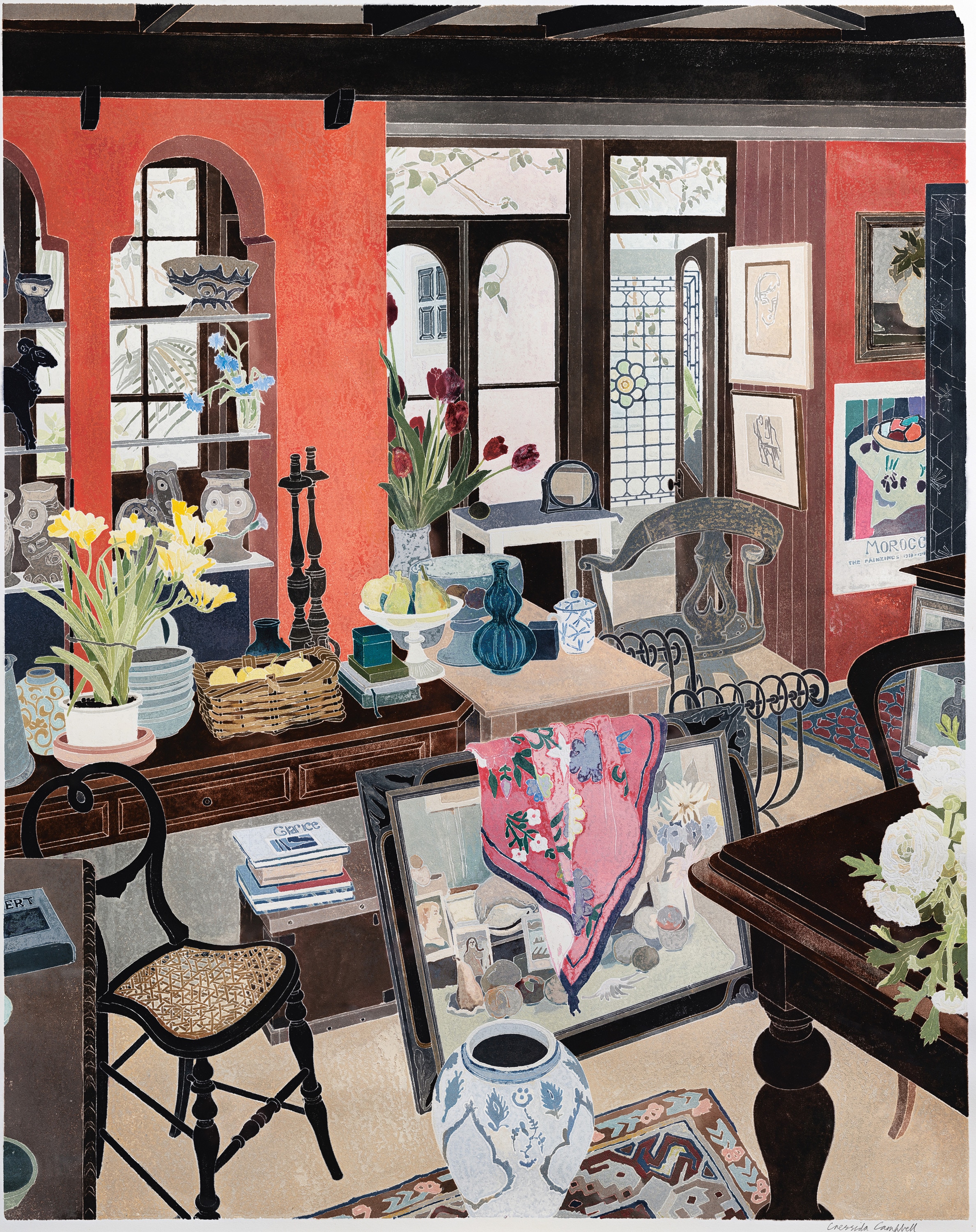 A painting of a cluttered room. In the room are a collection of vases, some with flowers, pears in a fruit bowl, and a painting 