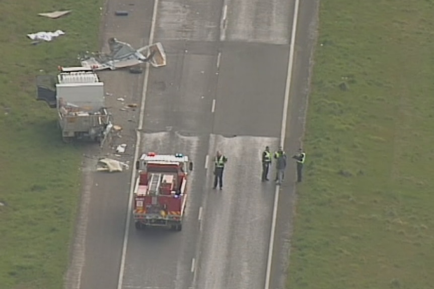 An aerial shot of a fire truck on the scene where a van collided with the truck on the Western Freeway.