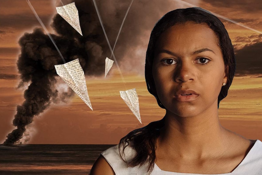A harbour explosion behind actress Haylee Wright, surrounded by flying paper aeroplanes