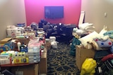 Donations pile up at Springwood evacuation centre in the Blue Mountains.