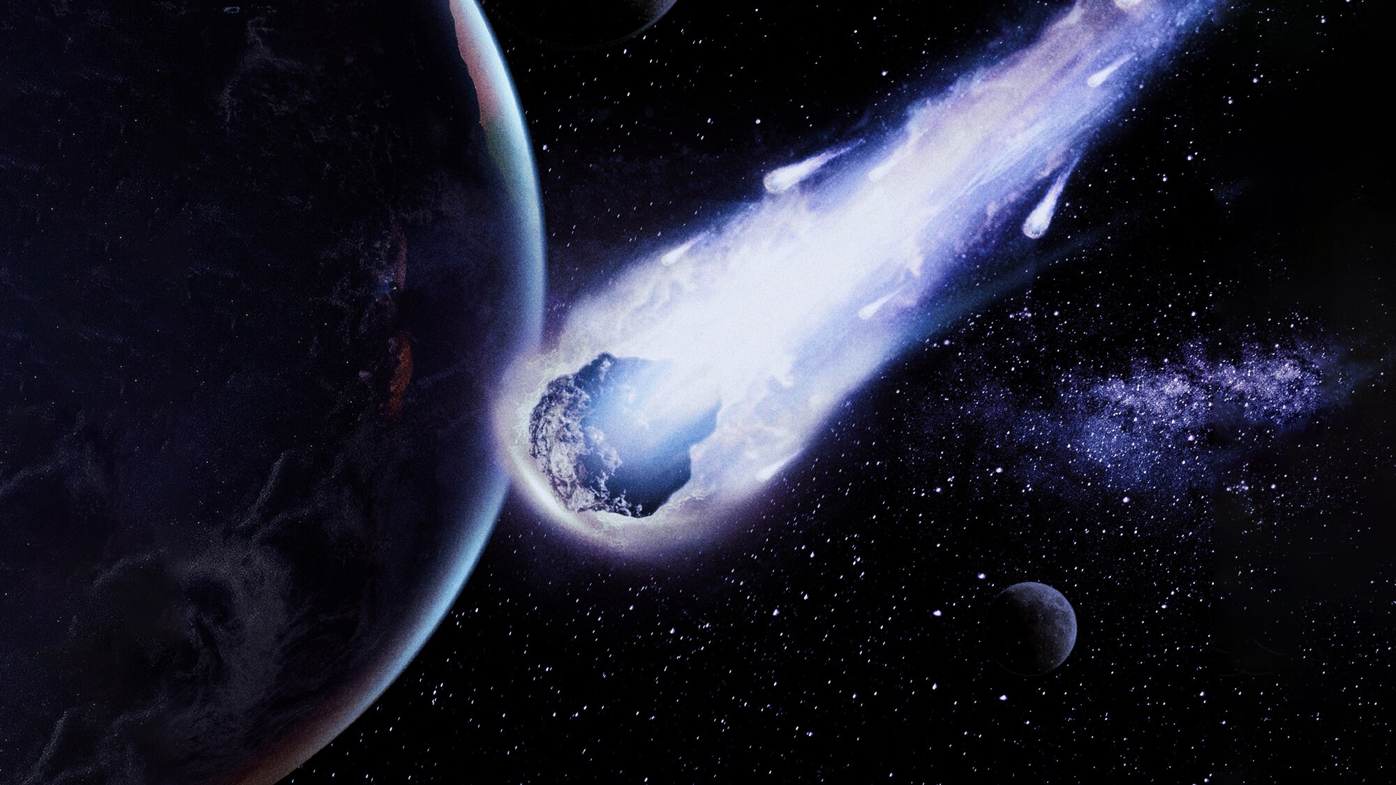 Large asteroid travels past planet leaving a glowing trail against a star-filled space background 