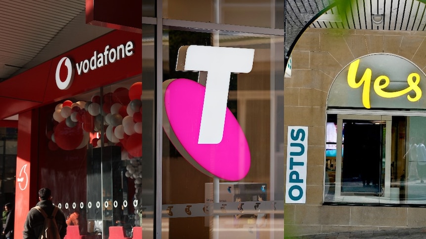 A composite of three photos, one of a Vodafone store, one of a Telstra store and one of an Optus store.