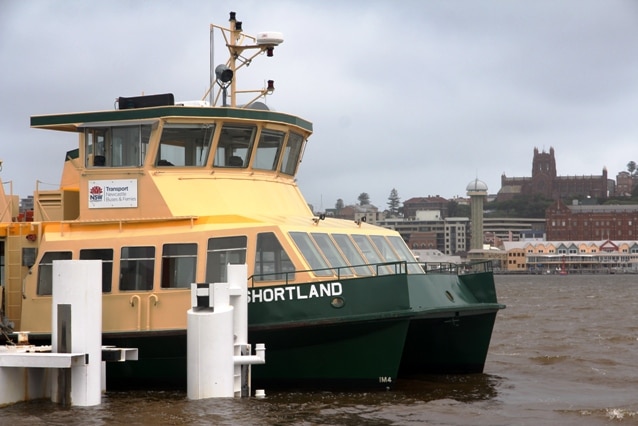 The Stockton ferry pulls in to the wharf.