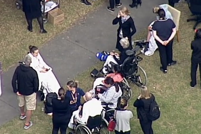 An aerial shot of patients and staff waiting in a park after the hospital was evacuated.
