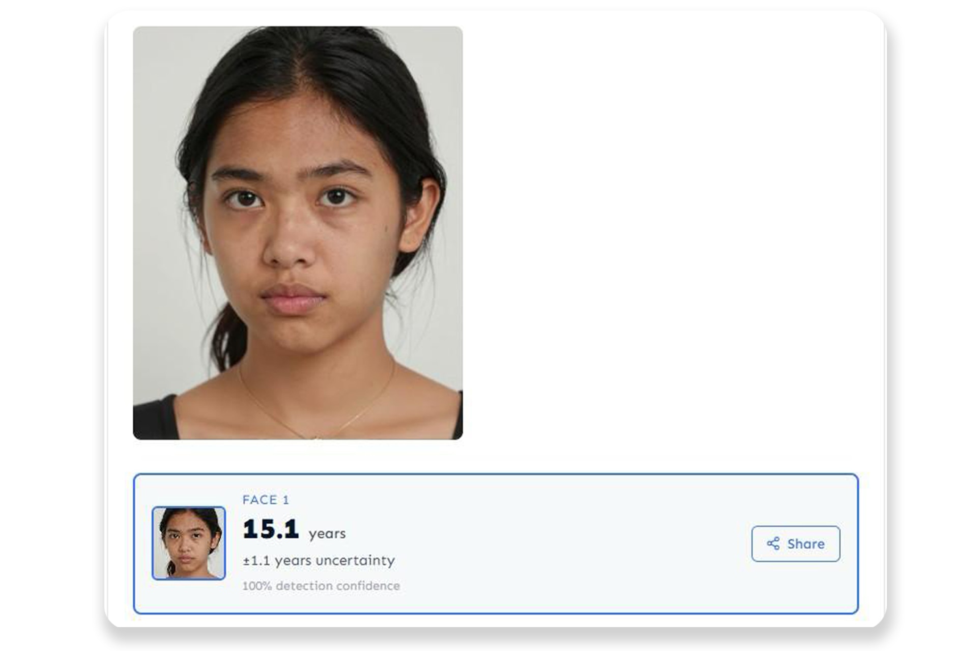 An image of a young-looking character and beneath it an estimation graphic of her age that reads: 15.1 years.