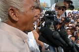 Chum Mey speaks to protesters in Cambodia