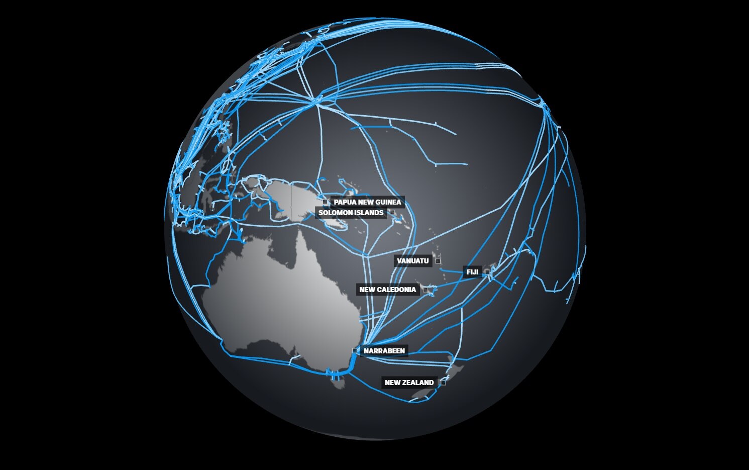A network over blue lines are laid over the globe. Labels of nearby Pacific Islands can be seen, along with a "Narrabeen" label.