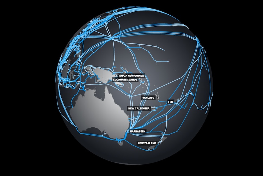 A network over blue lines are laid over the globe. Labels of nearby Pacific Islands can be seen, along with a "Narrabeen" label.