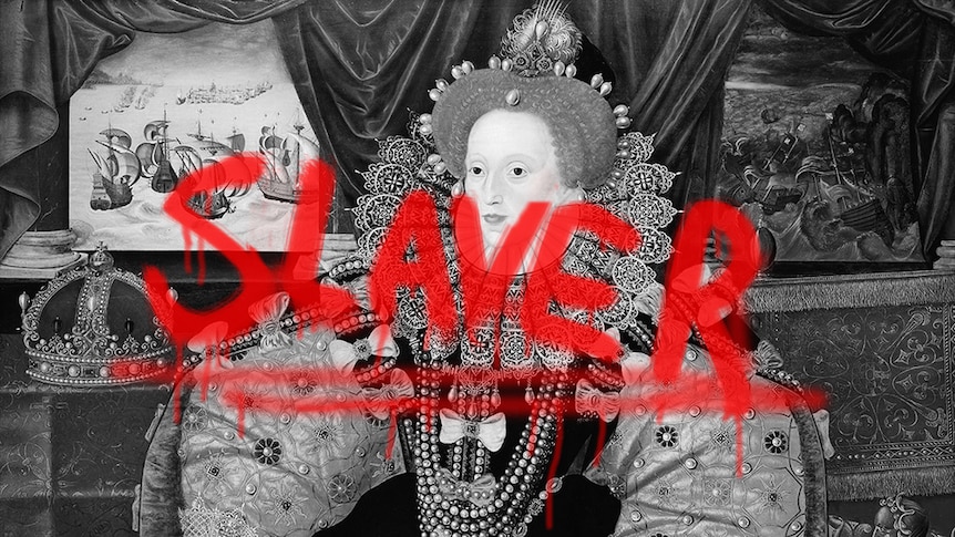 A black and white version of a painting of Queen Elizabeth I with the words 'slaver' slashed across in red