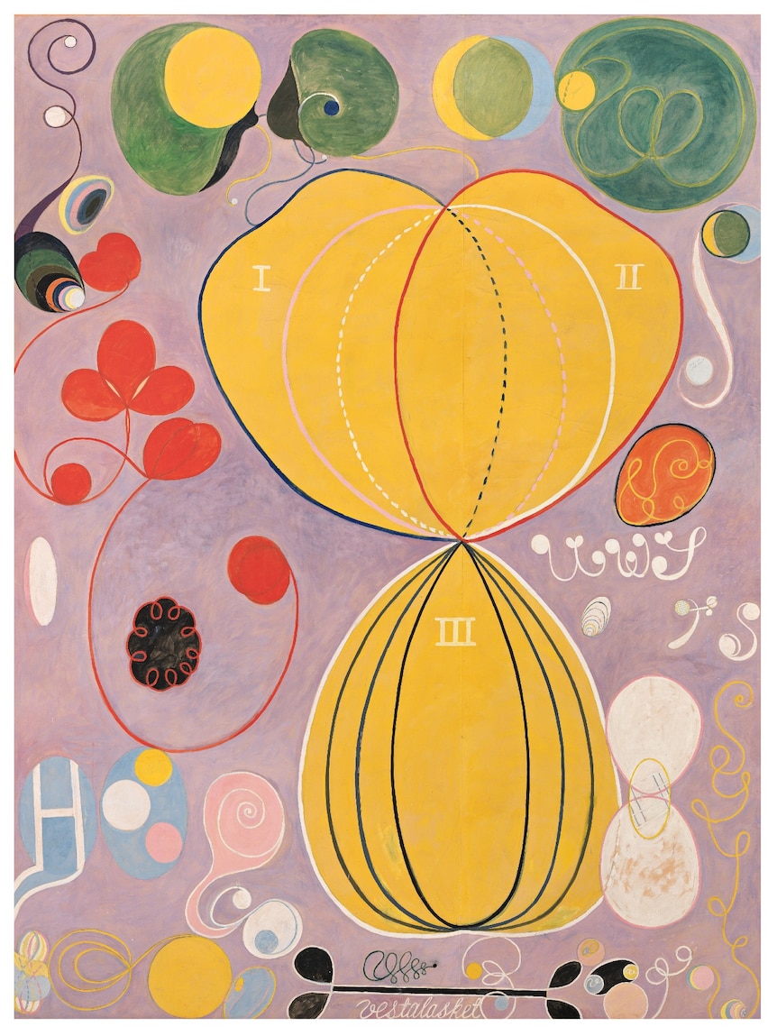 Mauve-coloured abstract painting with a large yellow figure of eight surrounded by swirling lines and concentric circles 