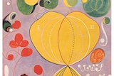 Mauve-coloured abstract painting with a large yellow figure of eight surrounded by swirling lines and concentric circles 