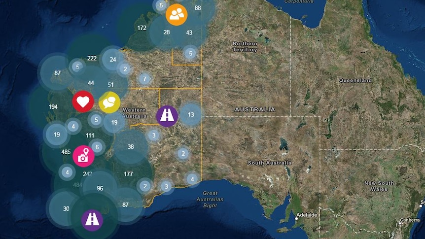 Screenshot of an interactive map of Royalty for Regions funded projects in Western Australia