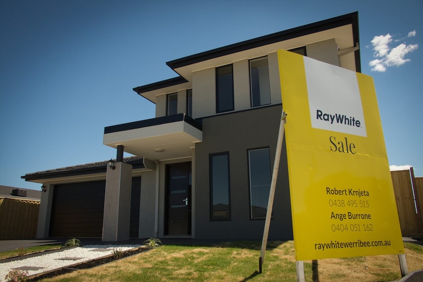 A Ray White 'for sale' sign in front of a newly built home.