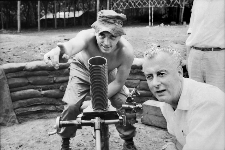 Gough Whitlam with mortar in Vietnam