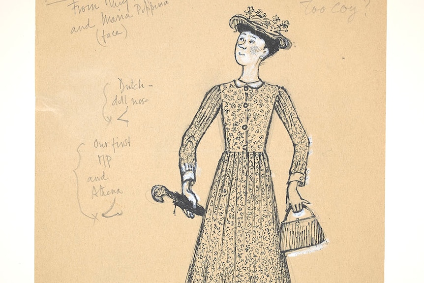 A sketch of Mary Poppins on brown paper with annotations from the illustrator and author surrounding it.