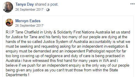 Screenshot of a Facebook post by Tanya Day, sharing a post about Tane Chatfield's death