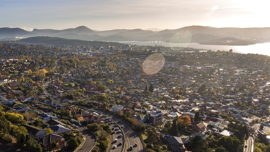An aerial view of Hobart.