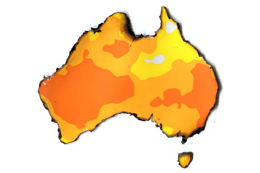 A map of Australia showing above average mean temps across the country. It is printed on paper and the coast has been burnt.