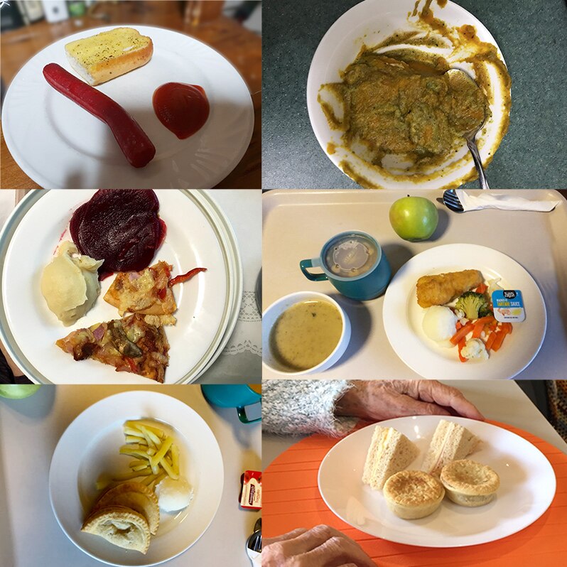 Nine pictures of meals served in aged care.