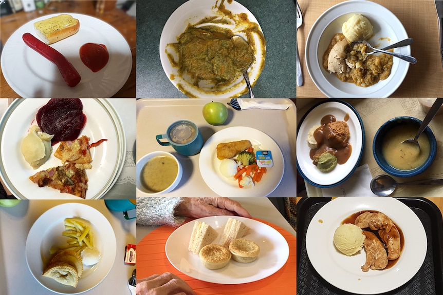 Nine pictures of meals served in aged care.