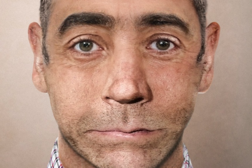 A digital render of a man with dark eyebrows, brown eyes and a wide nose and mouth
