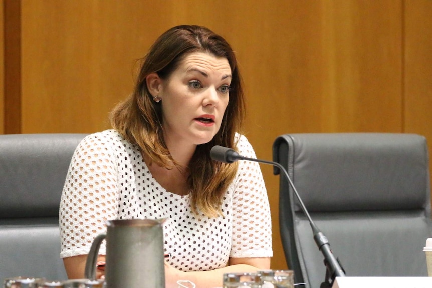 Greens senator Sarah Hanson-Young speaks into a microphone.