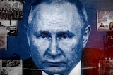 president putin surrounded by images of ukraine conflict