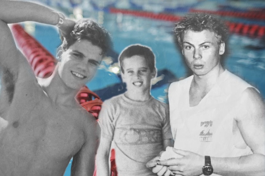 Three boys in front of a swimming pool.