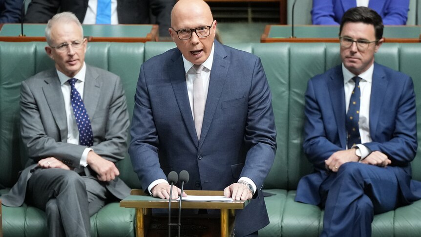 A bald man stands at the lectern in parliament house, his two frontbenchers behind him. 