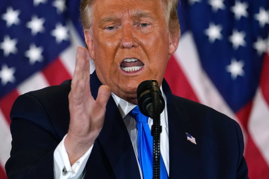 Donald Trump gesturing before a microphone before a row of American flags