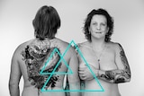 A husband and wife pose together to display their tattoos for The Wearers, Tasmania project.