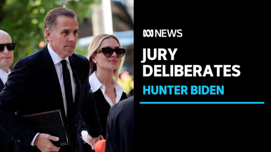 Jury Deliverates, Hunter Biden: A man in a black suit and tie walks accompanied by a blonde woman in sunglasses.