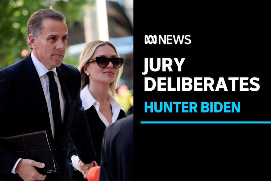 Jury Deliverates, Hunter Biden: A man in a black suit and tie walks accompanied by a blonde woman in sunglasses.