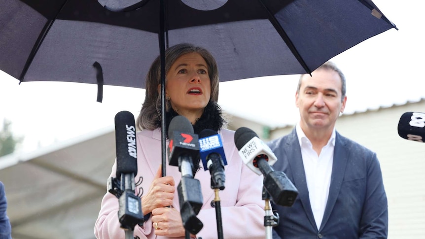 Dr Nicola Spurrier speaks to the media while holding an umbrella, while Premier Steven Marshall watches beside her