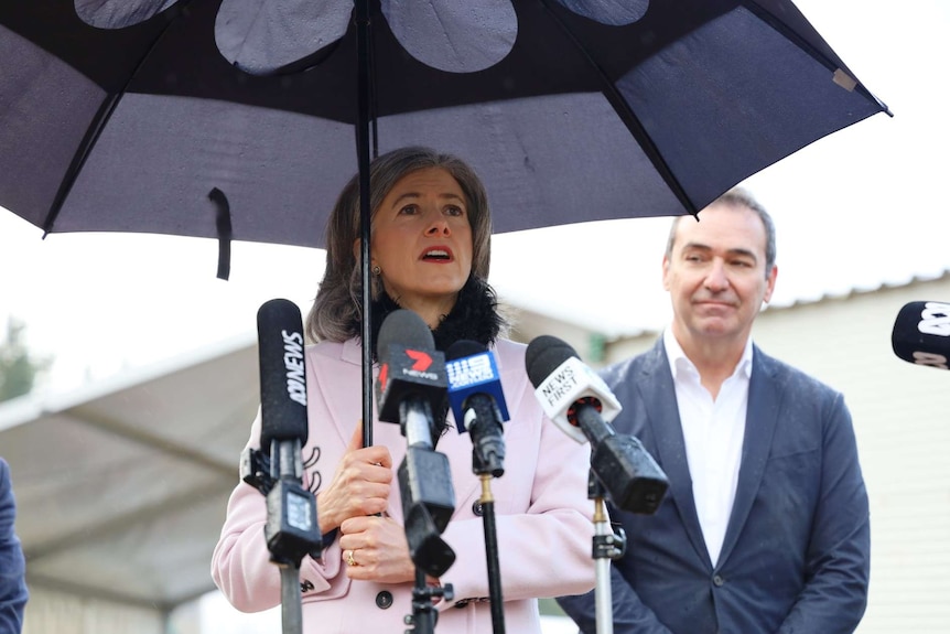 Dr Nicola Spurrier speaks to the media while holding an umbrella, while Premier Steven Marshall watches beside her
