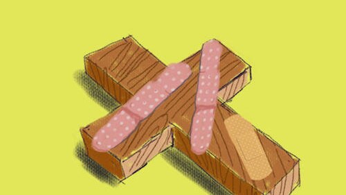 An illustration shows a cross covered in bandaids.